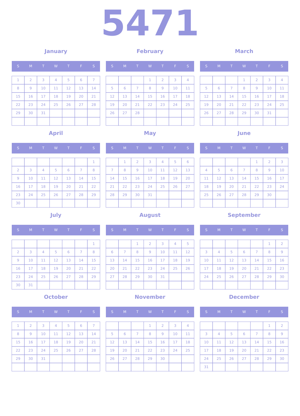 Printable 5471 Year Calendars periwinkle