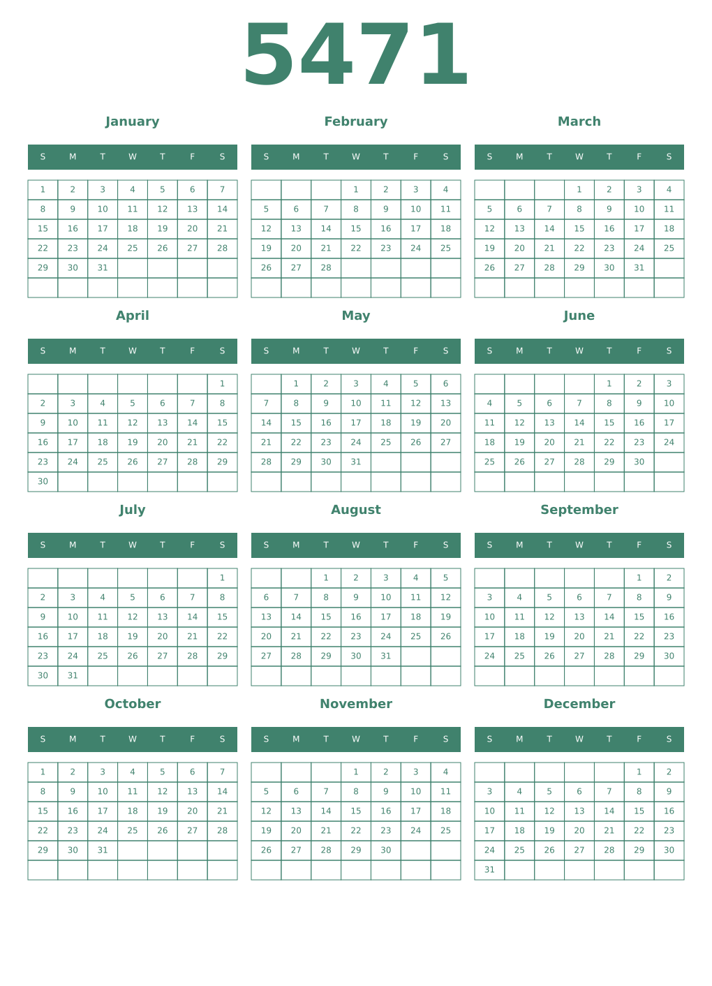Printable 5471 Year Calendars viridian