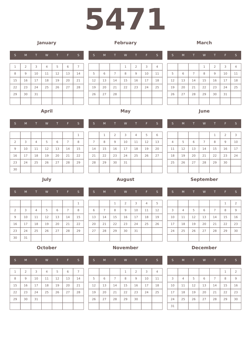 Printable 5471 Year Calendars wenge