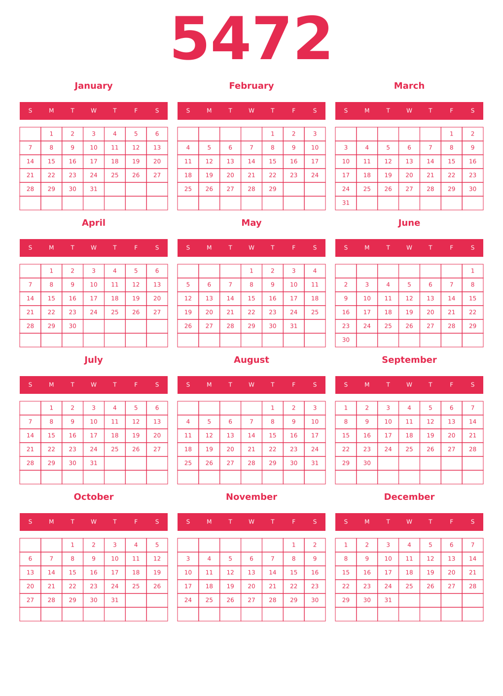 Printable 5472 Year Calendars amaranth