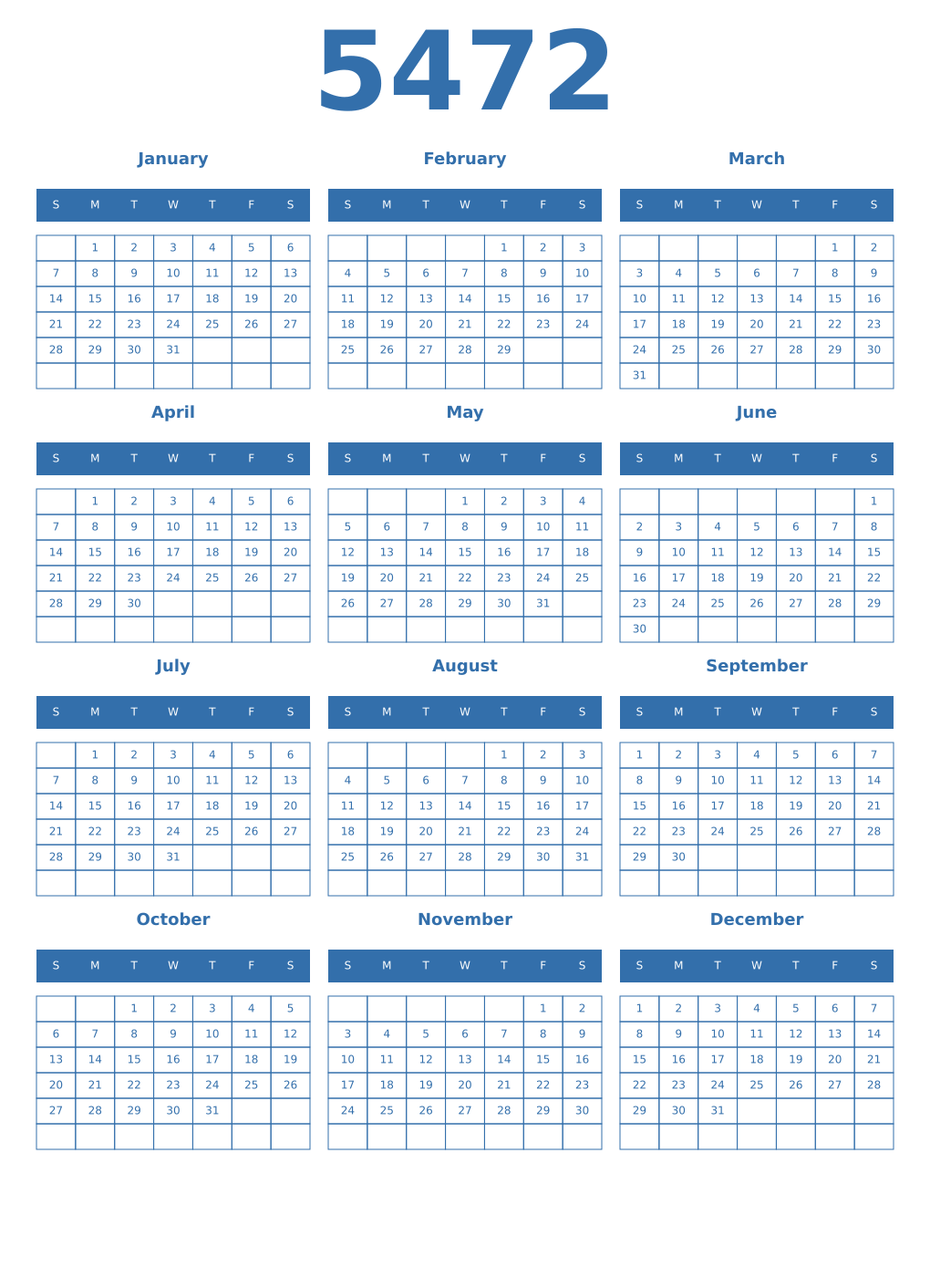 Printable 5472 Year Calendars blue