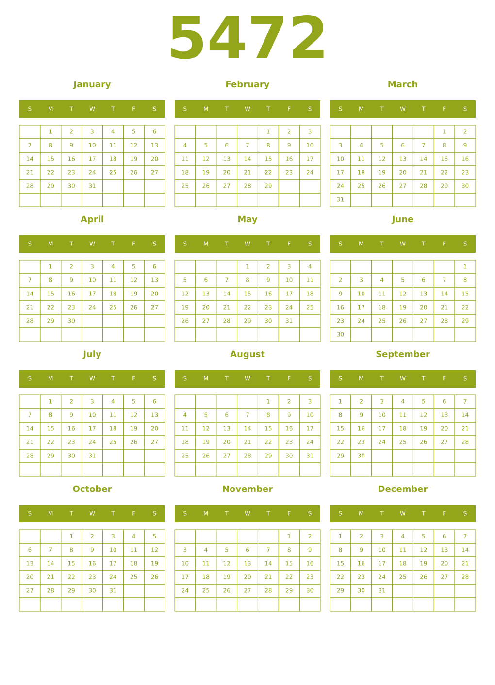 Printable 5472 Year Calendars chartreuse
