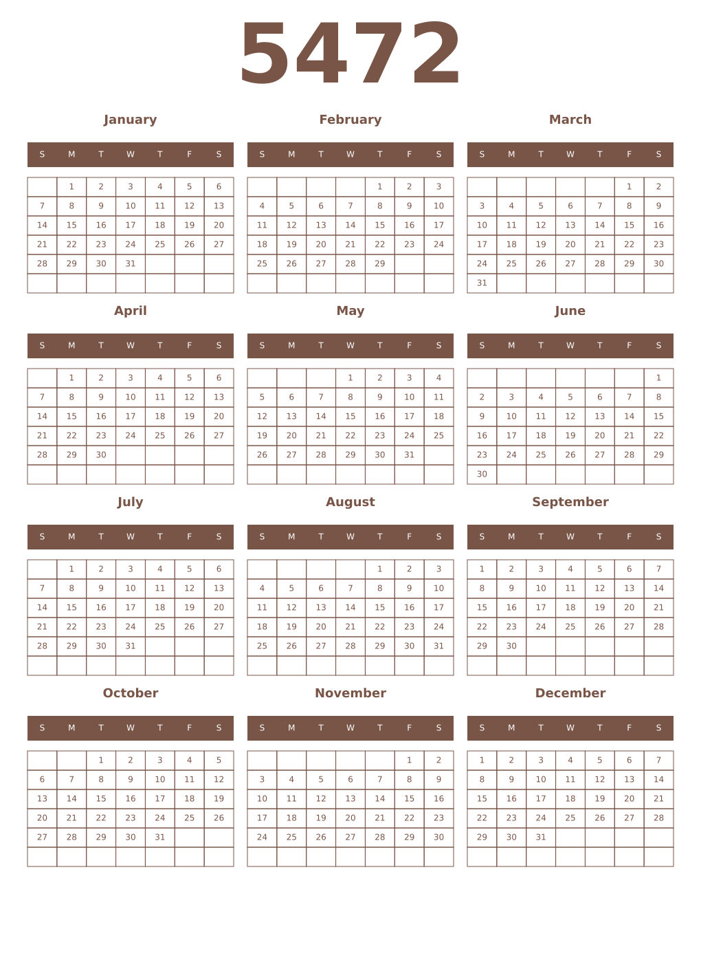 Printable 5472 Year Calendars coffe