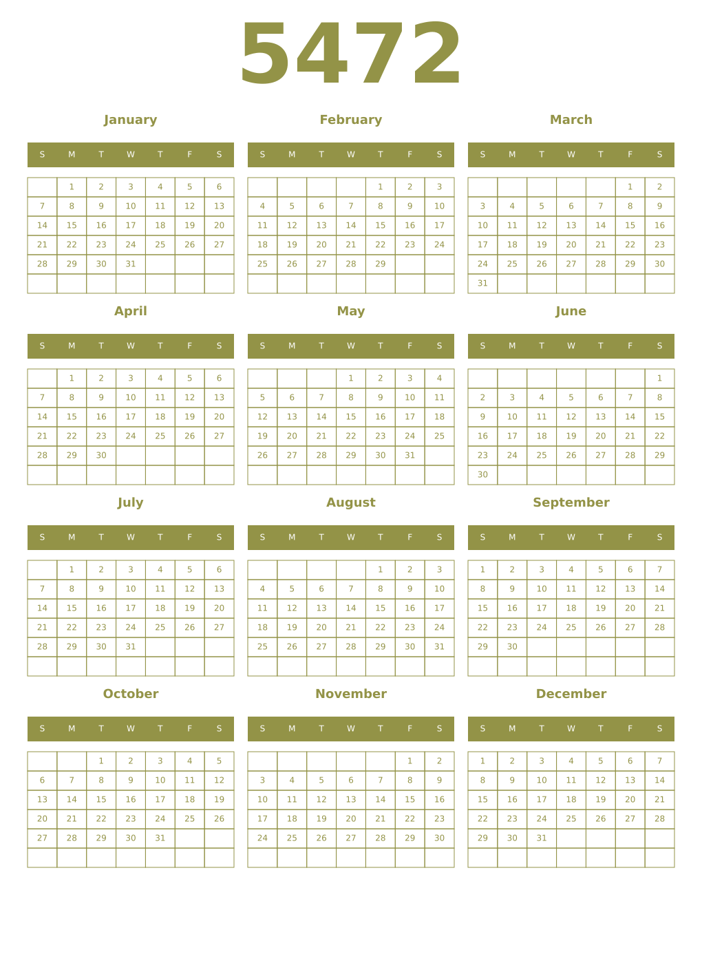 Printable 5472 Year Calendars eburnean
