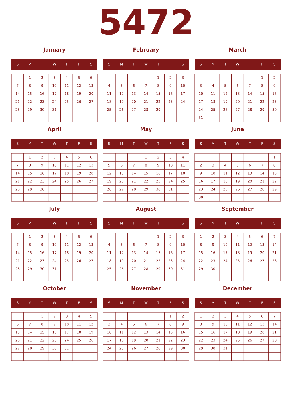 Printable 5472 Year Calendars falu