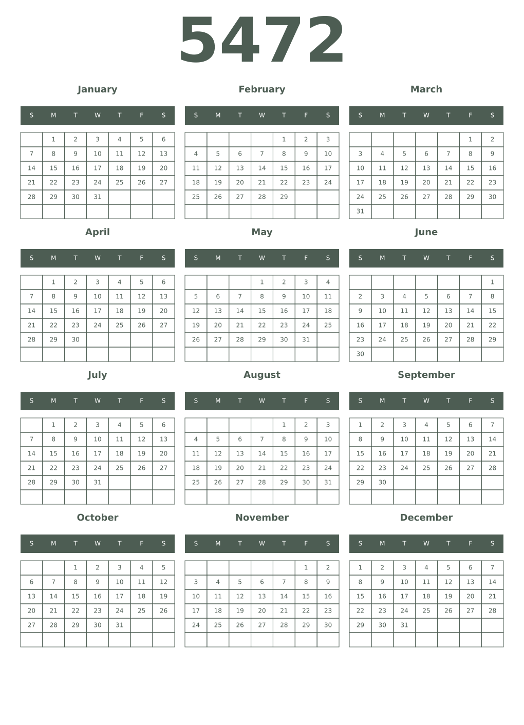 Printable 5472 Year Calendars feldgrau