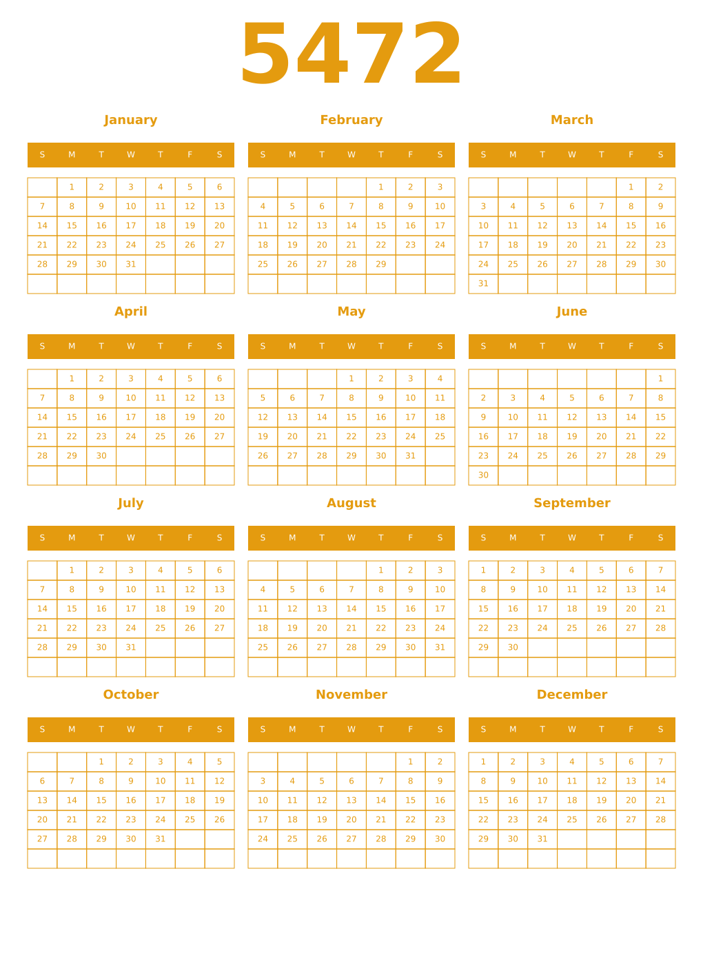 Printable 5472 Year Calendars gamboge