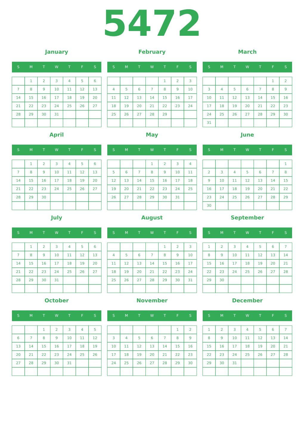 Printable 5472 Year Calendars green