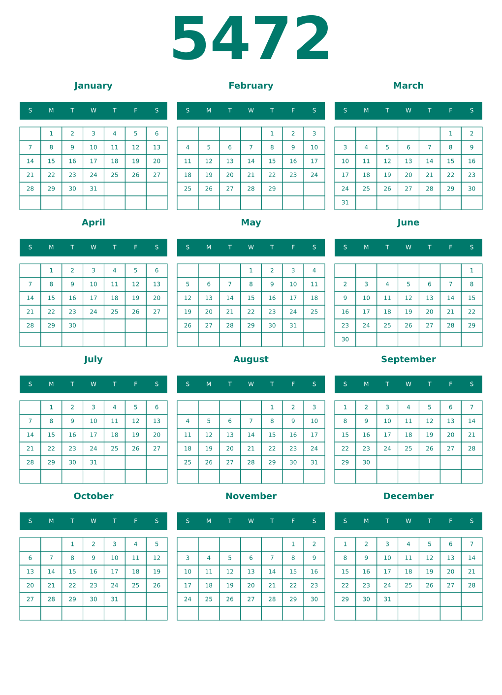 Printable 5472 Year Calendars pastel