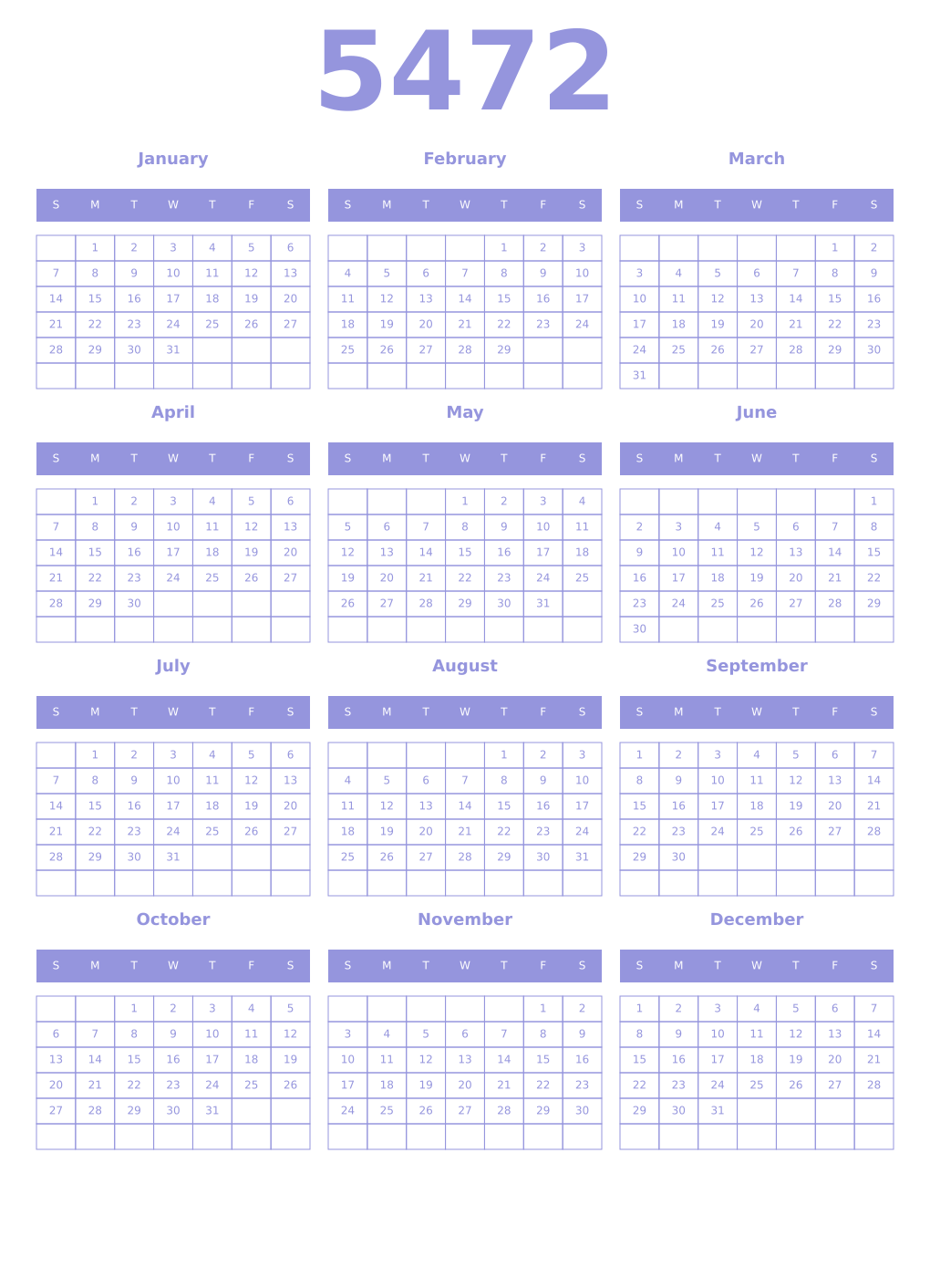 Printable 5472 Year Calendars periwinkle