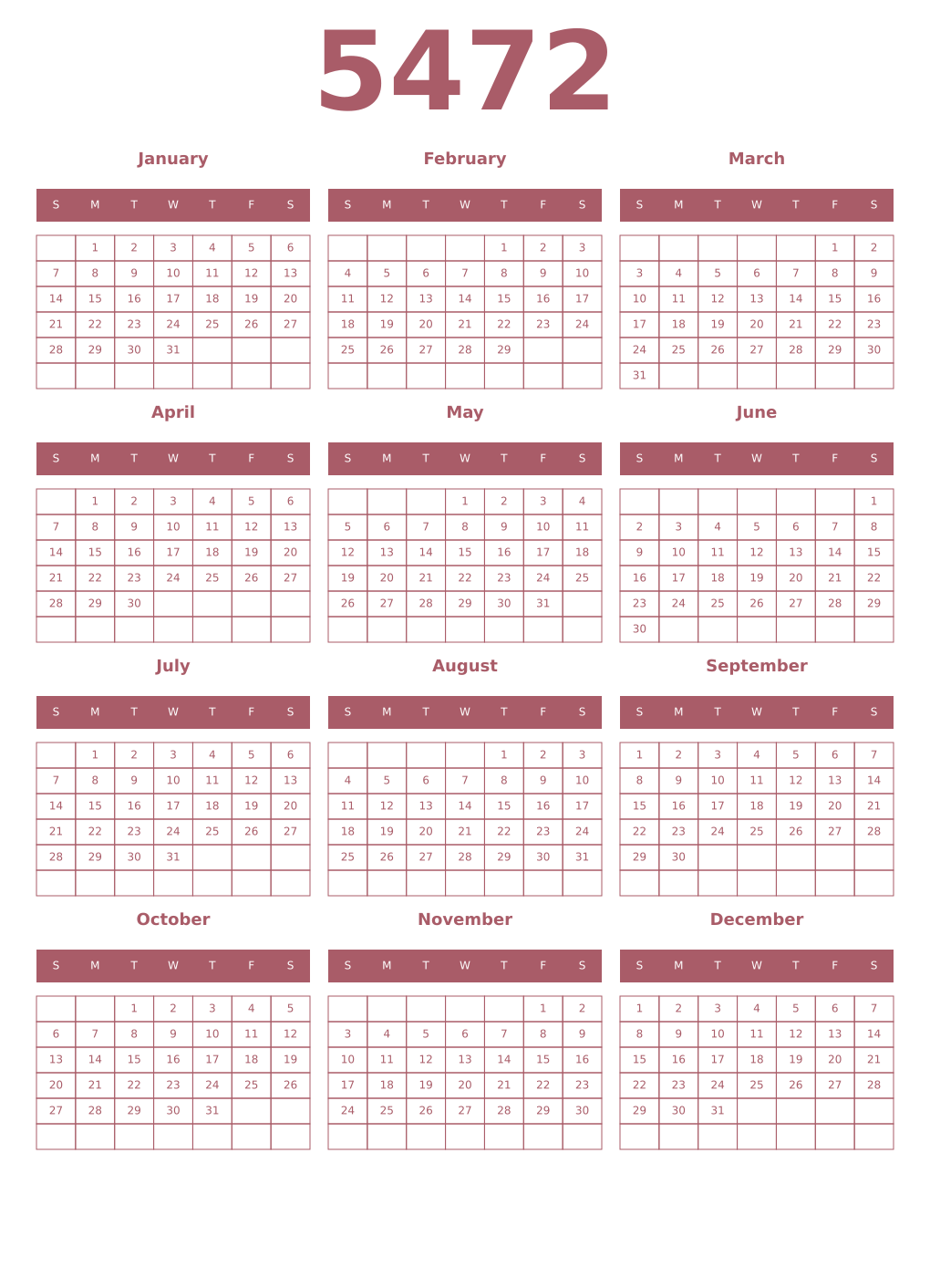 Printable 5472 Year Calendars puce