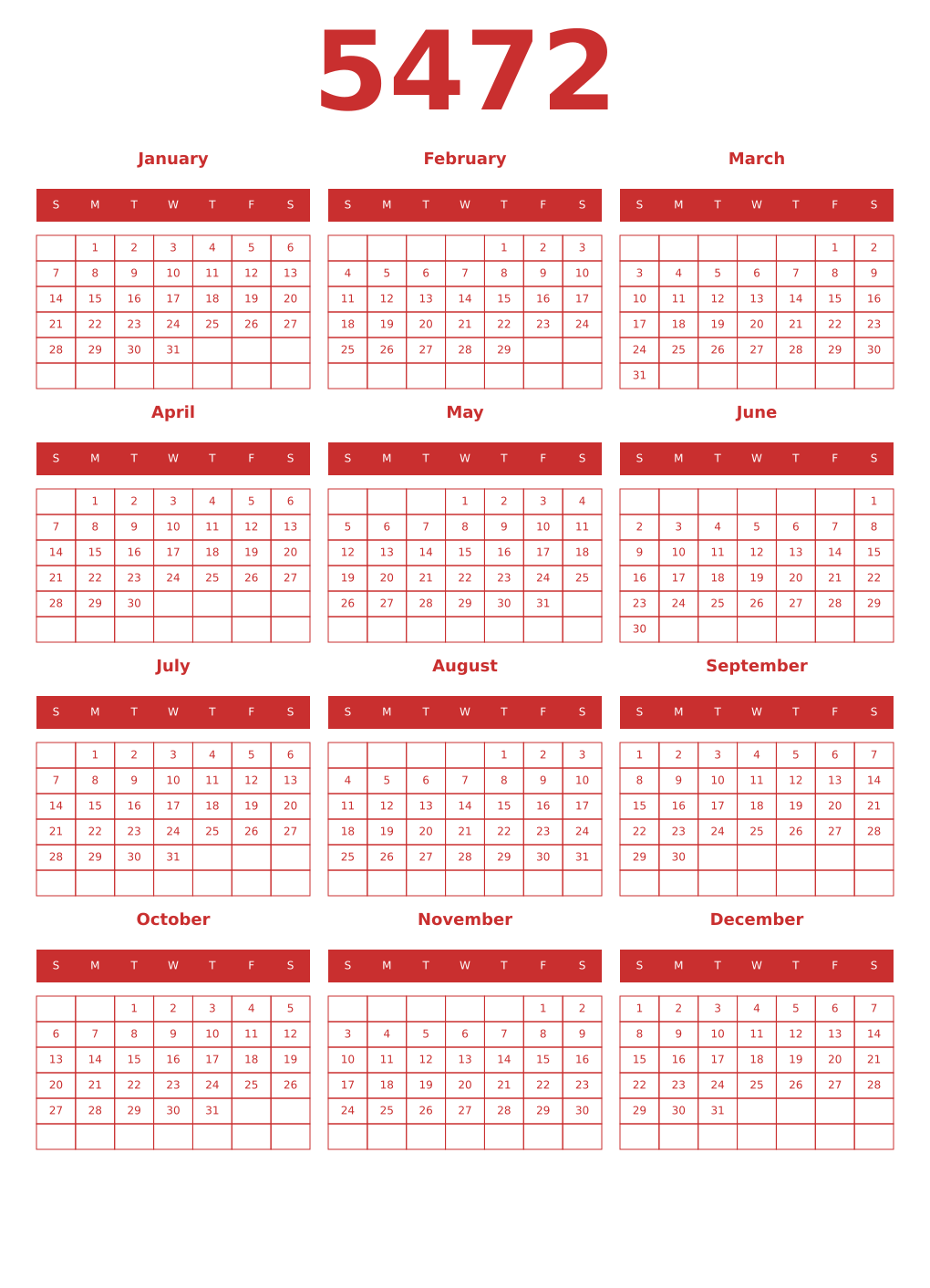 Printable 5472 Year Calendars red