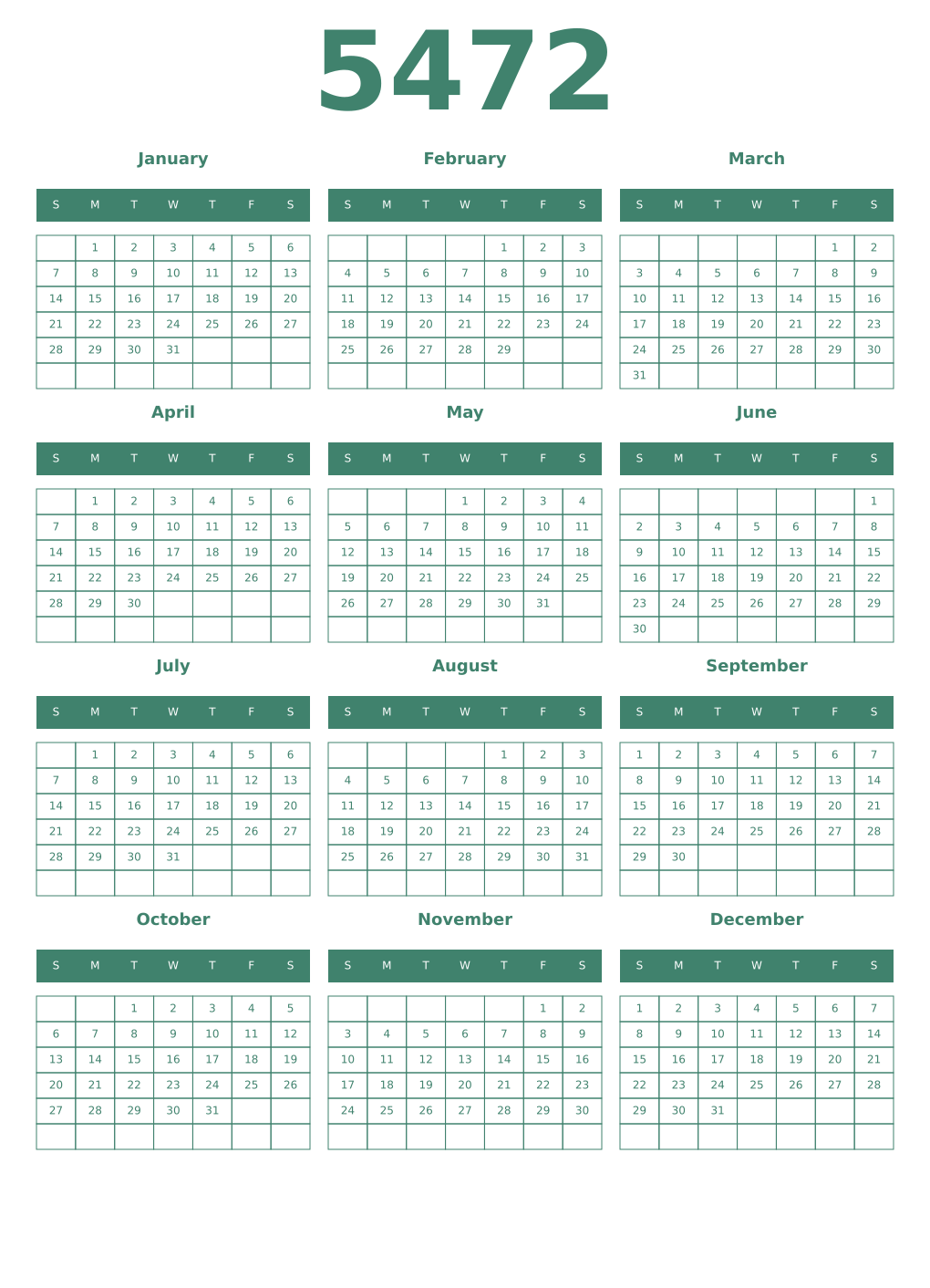 Printable 5472 Year Calendars viridian