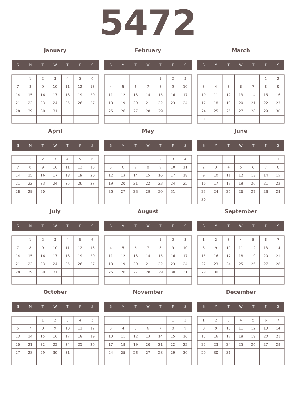 Printable 5472 Year Calendars wenge