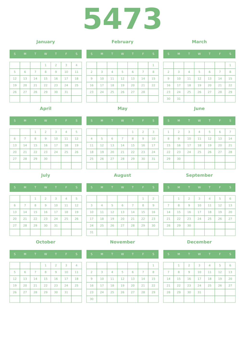 Printable 5473 Year Calendars celadon