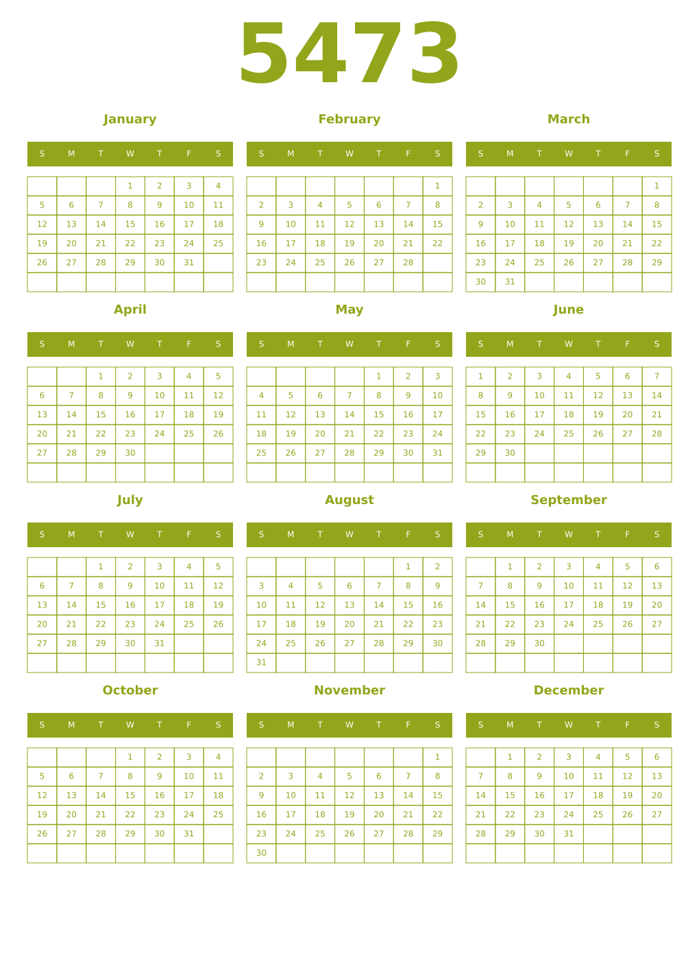 Printable 5473 Year Calendars chartreuse