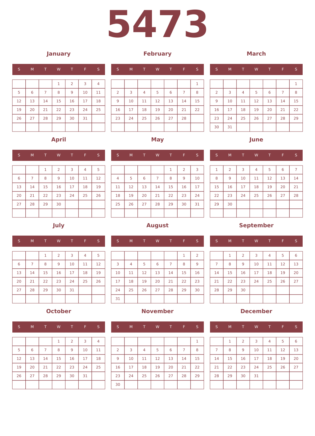 Printable 5473 Year Calendars cordovan
