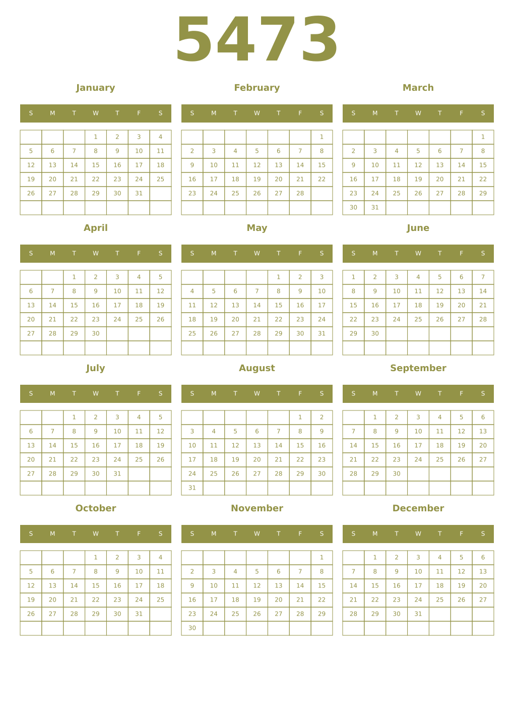 Printable 5473 Year Calendars eburnean