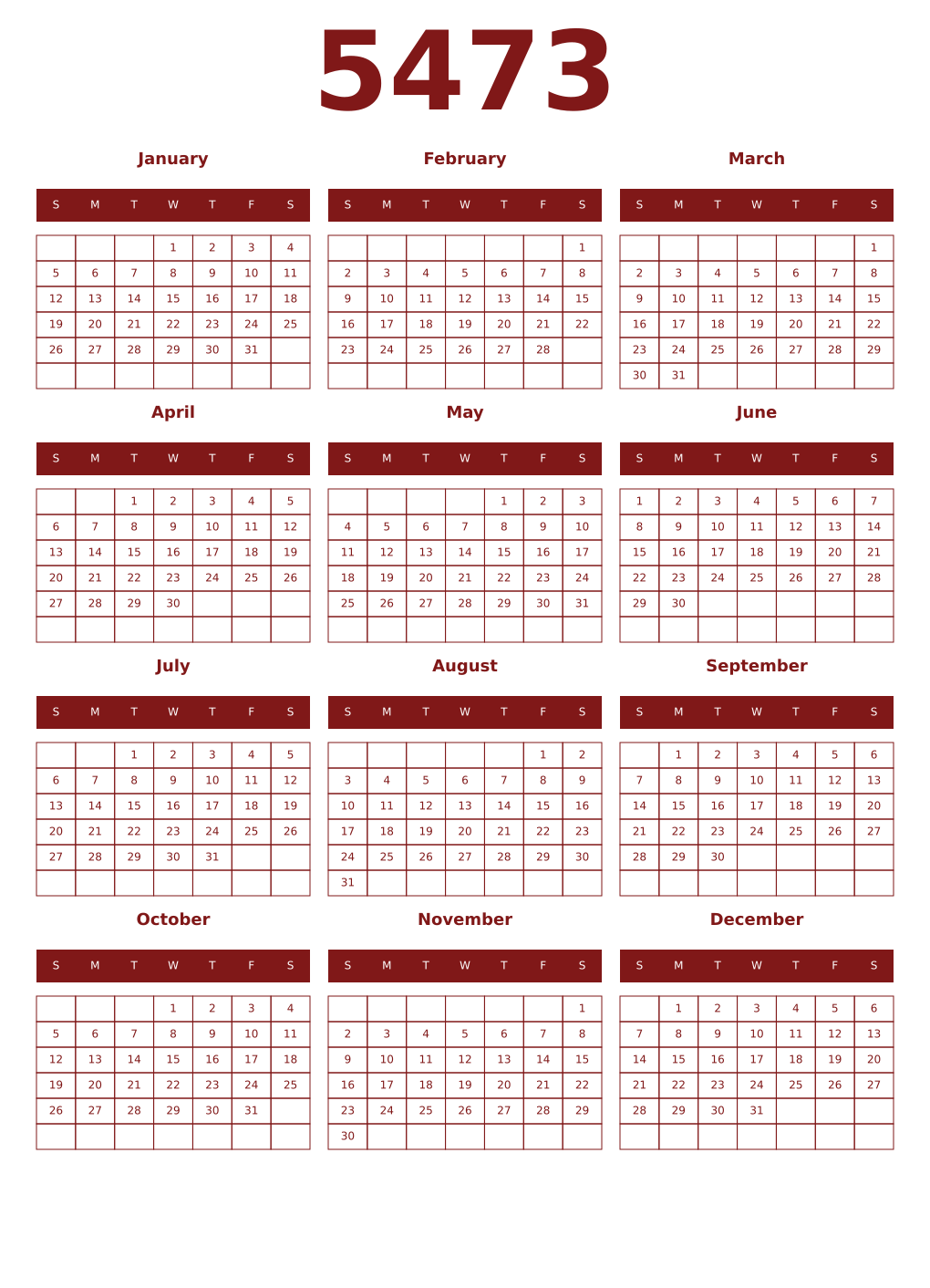 Printable 5473 Year Calendars falu