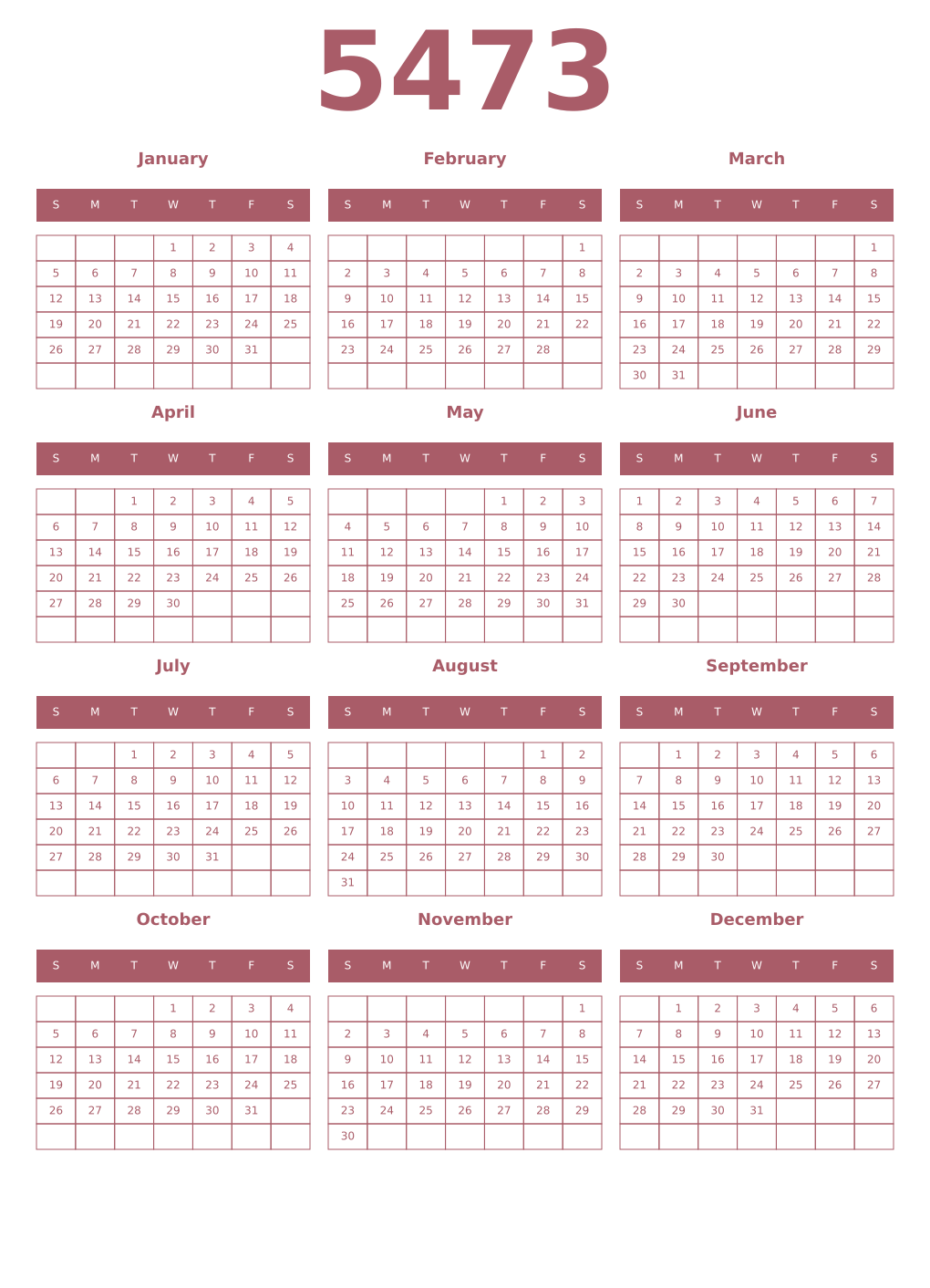Printable 5473 Year Calendars puce