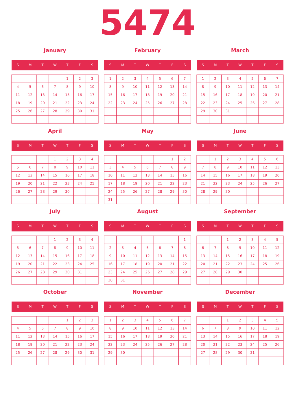 Printable 5474 Year Calendars amaranth
