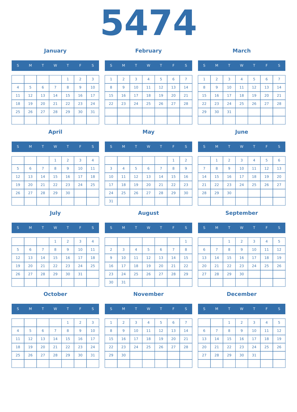 Printable 5474 Year Calendars blue
