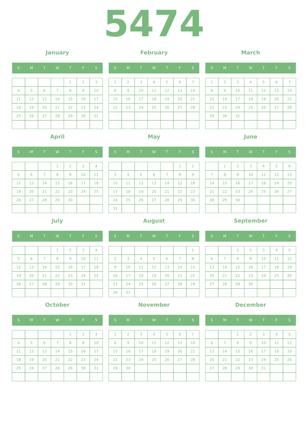 Printable 5474 Year Calendars celadon