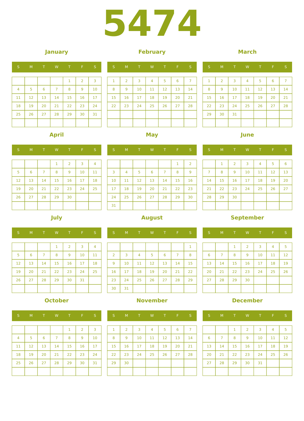 Printable 5474 Year Calendars chartreuse