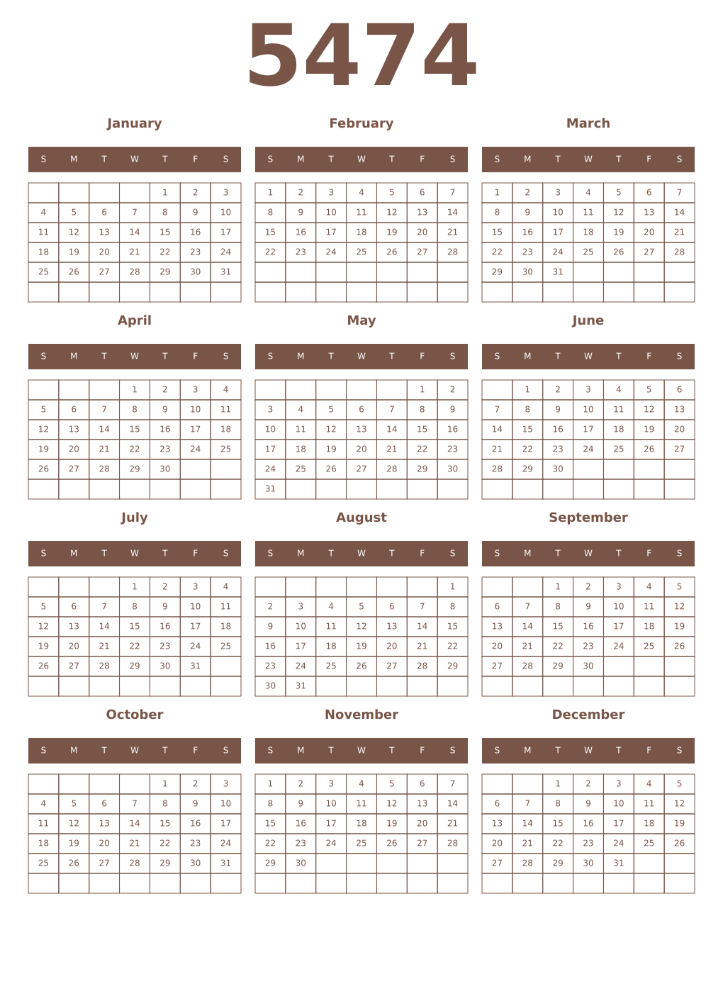 Printable 5474 Year Calendars coffe