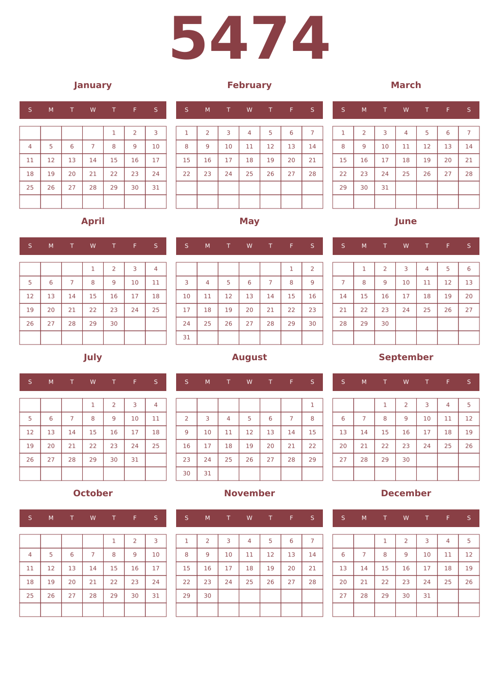 Printable 5474 Year Calendars cordovan