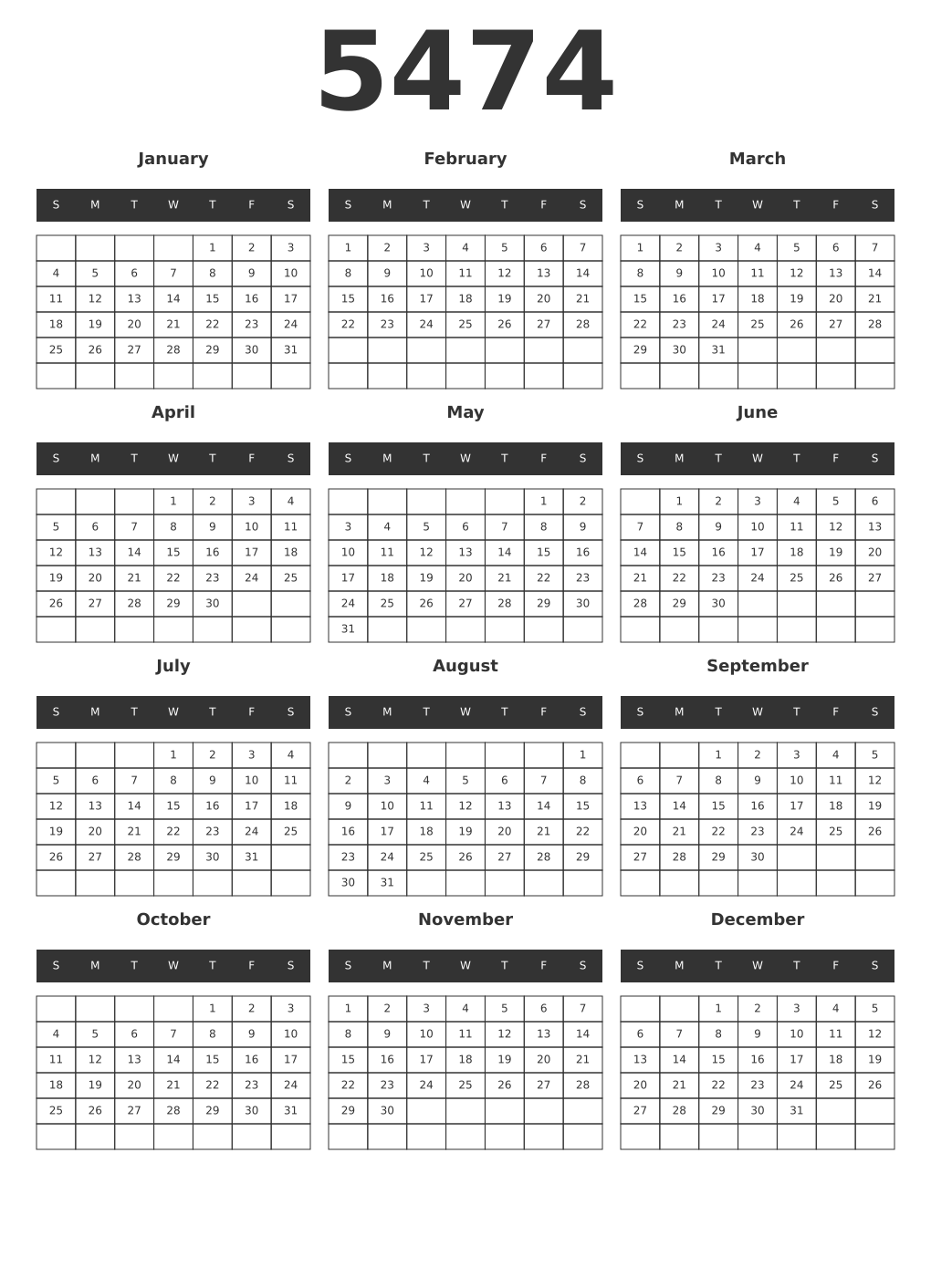Printable 5474 Year Calendars dark
