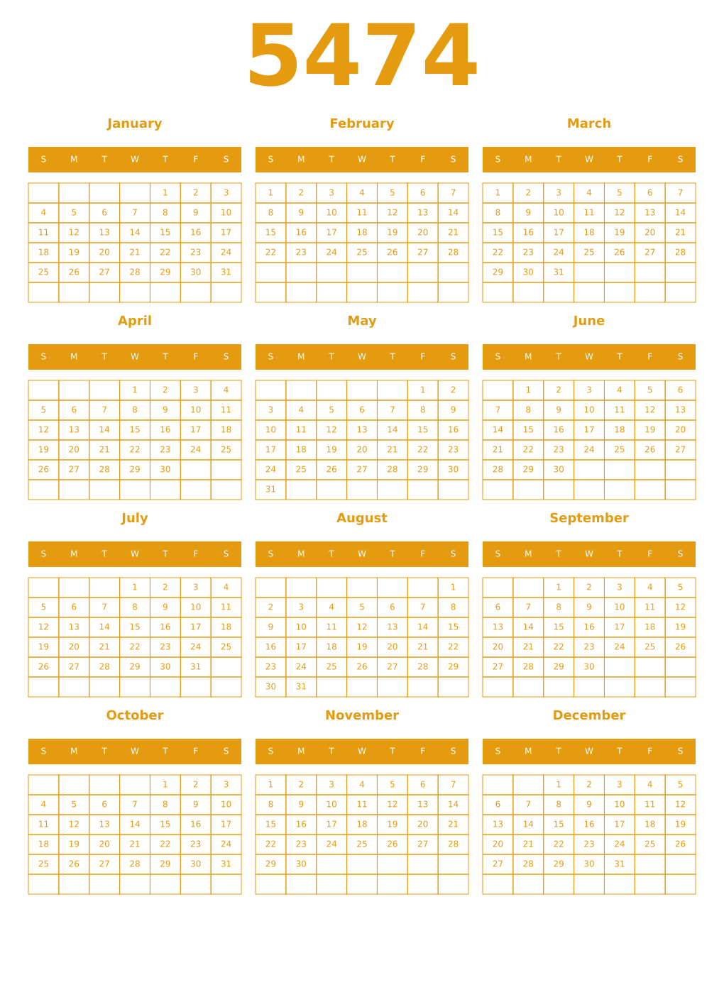 Printable 5474 Year Calendars gamboge