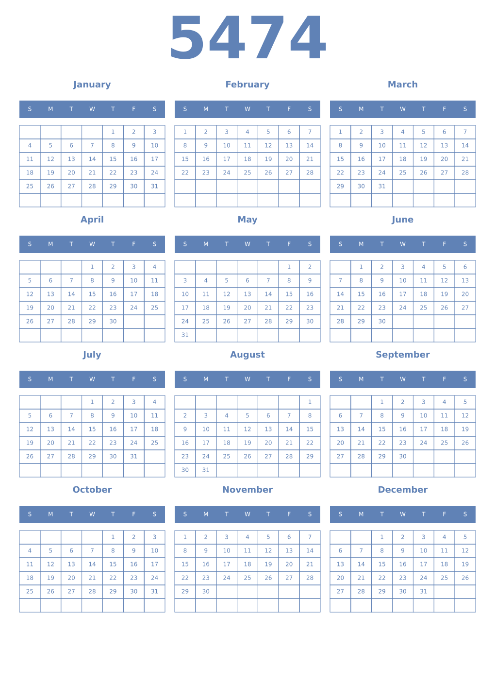 Printable 5474 Year Calendars glaucous