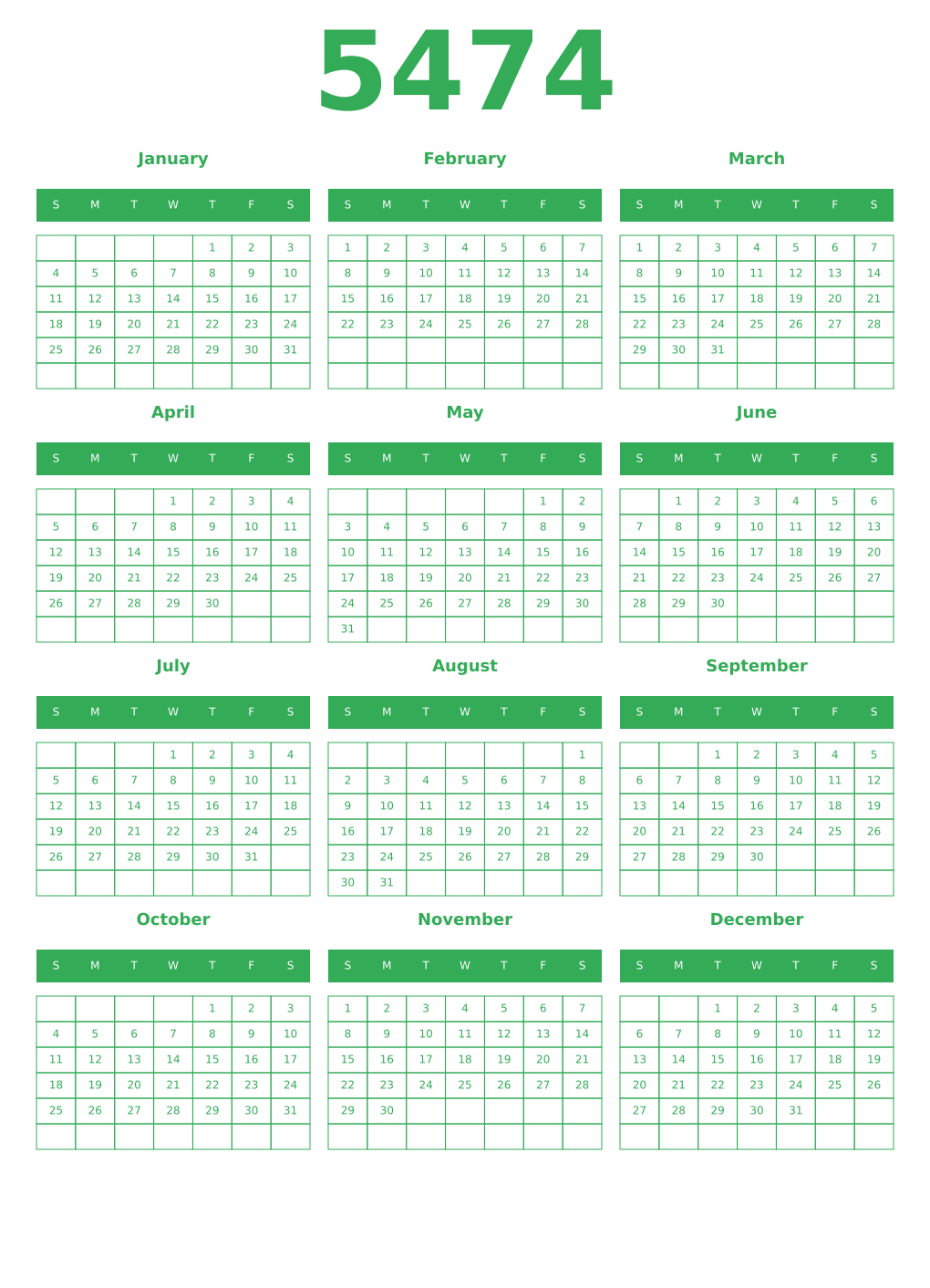Printable 5474 Year Calendars green