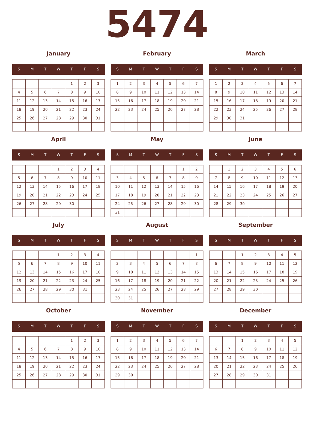 Printable 5474 Year Calendars mortuum