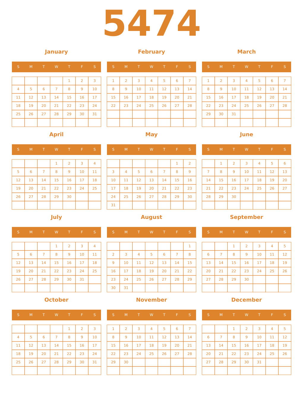 Printable 5474 Year Calendars orange