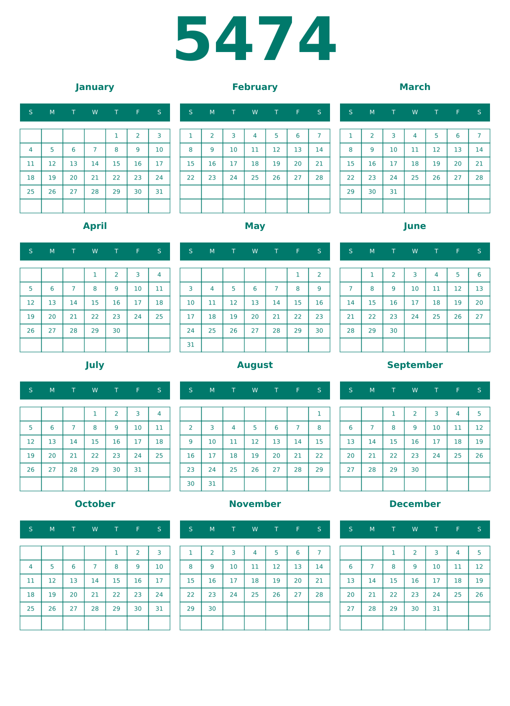 Printable 5474 Year Calendars pastel