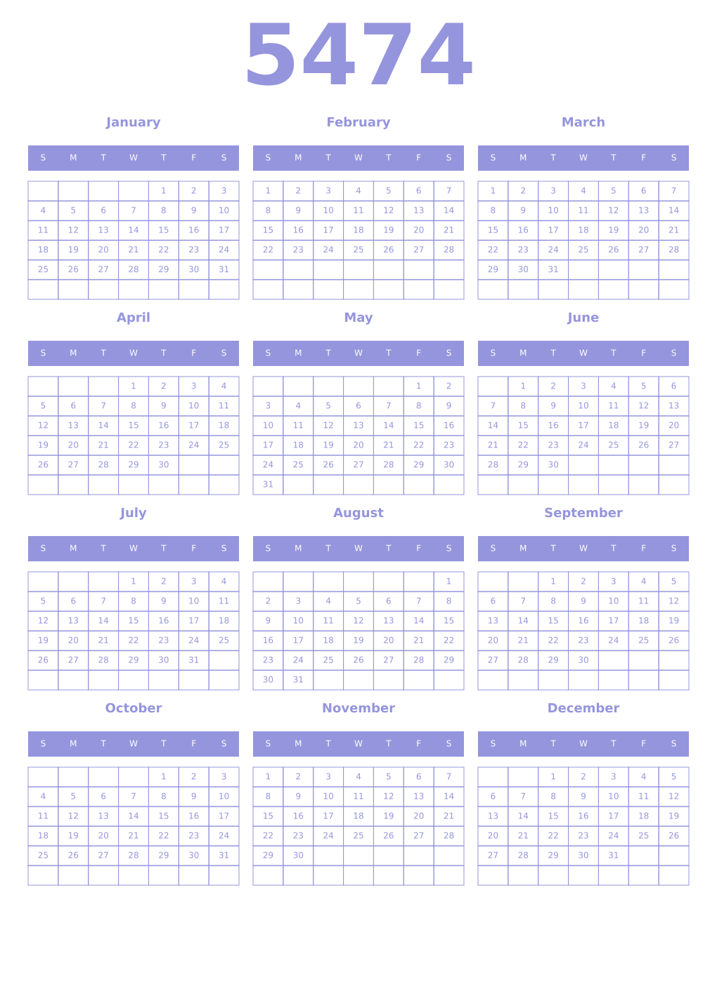 Printable 5474 Year Calendars periwinkle
