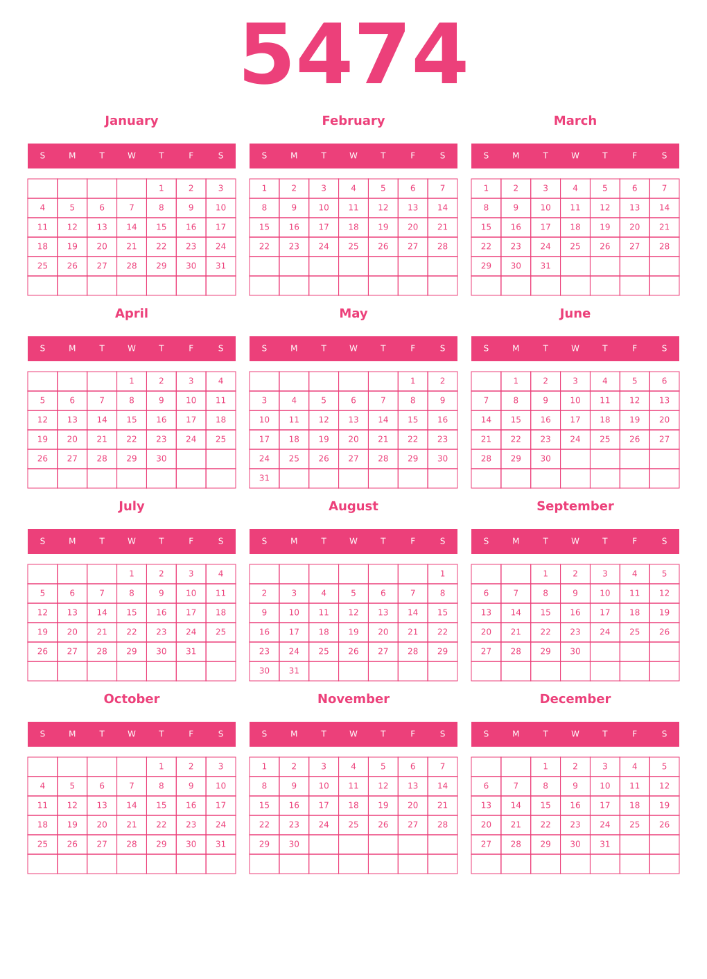 Printable 5474 Year Calendars pink