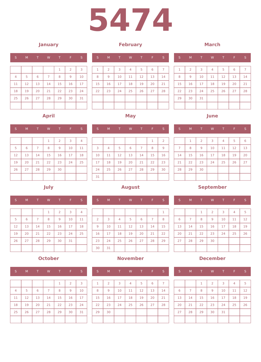 Printable 5474 Year Calendars puce