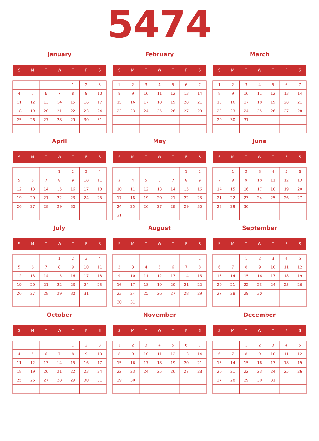 Printable 5474 Year Calendars red