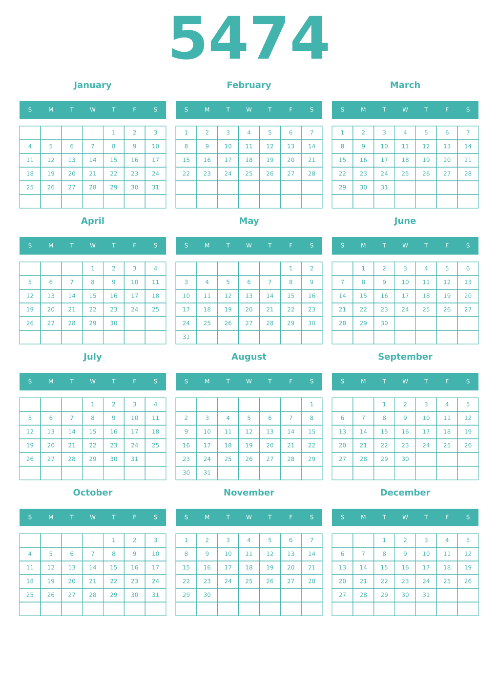 Printable 5474 Year Calendars verdigris