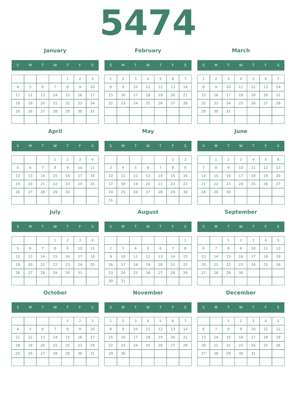Printable 5474 Year Calendars viridian