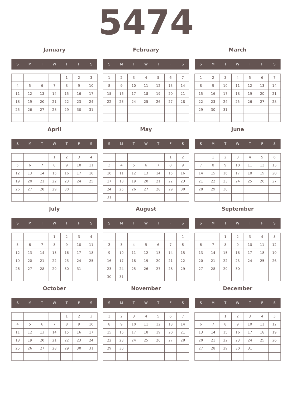 Printable 5474 Year Calendars wenge