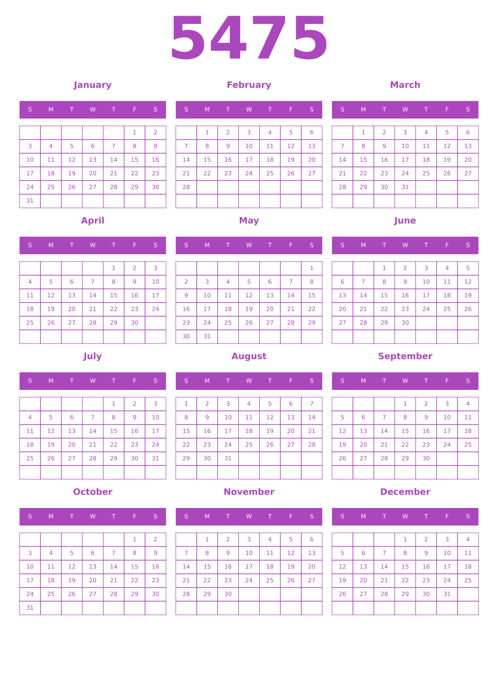 Printable 5475 Calendars