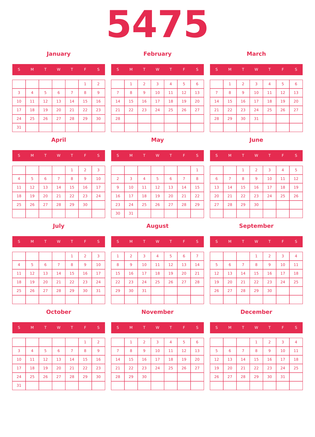 Printable 5475 Year Calendars amaranth