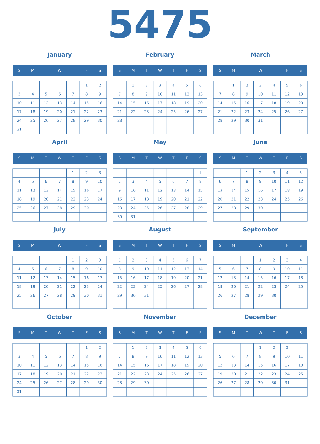 Printable 5475 Year Calendars blue