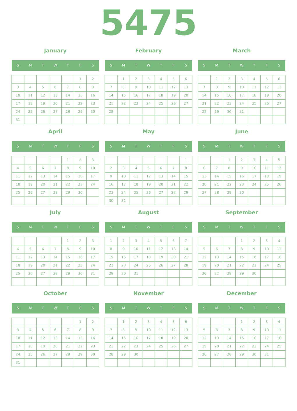 Printable 5475 Year Calendars celadon