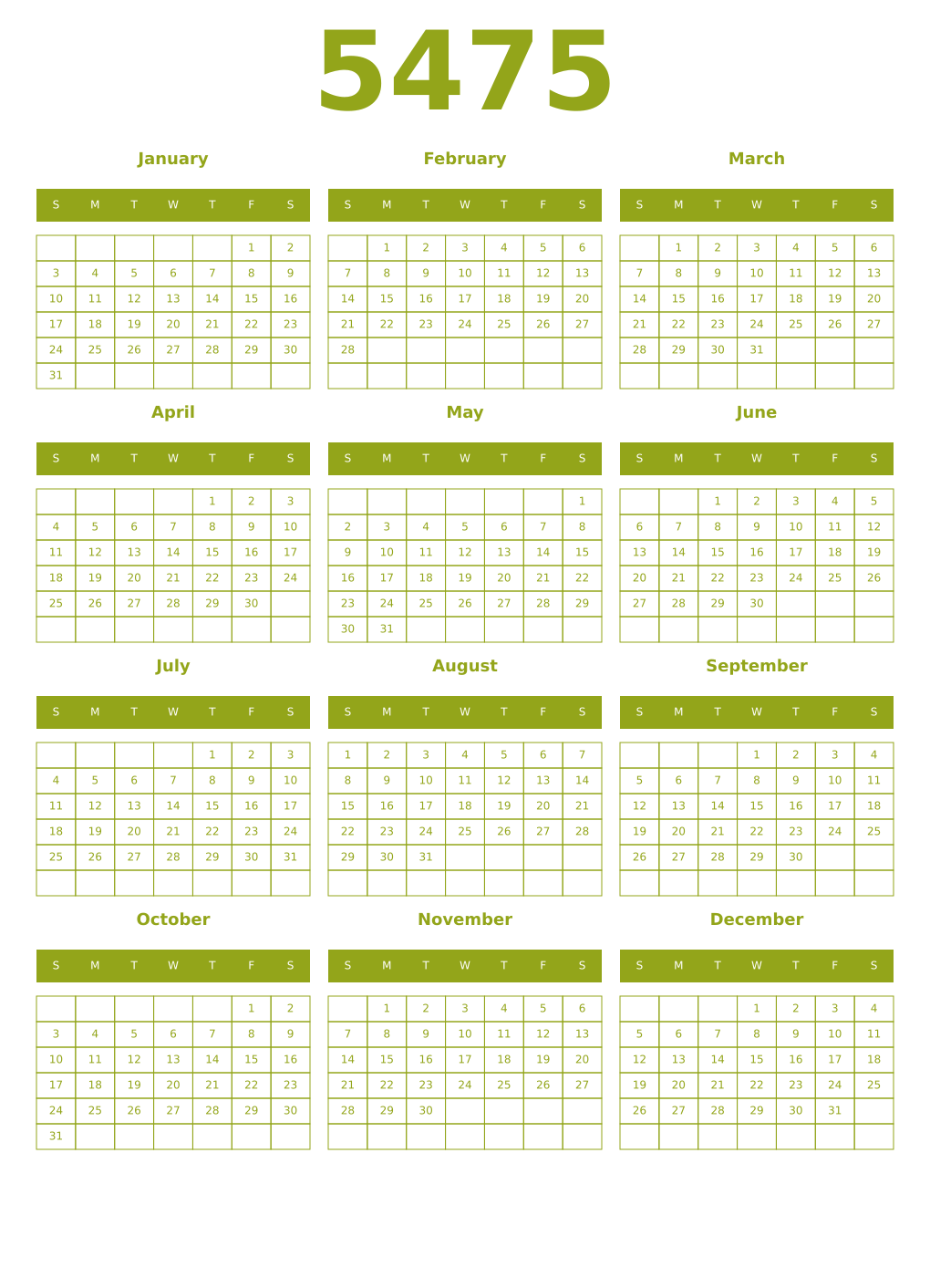 Printable 5475 Year Calendars chartreuse