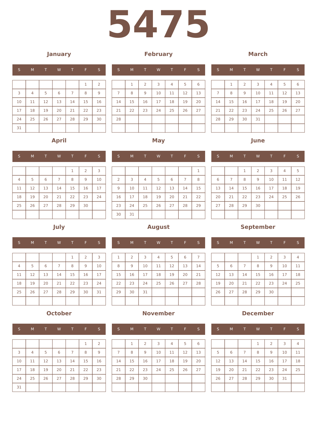 Printable 5475 Year Calendars coffe